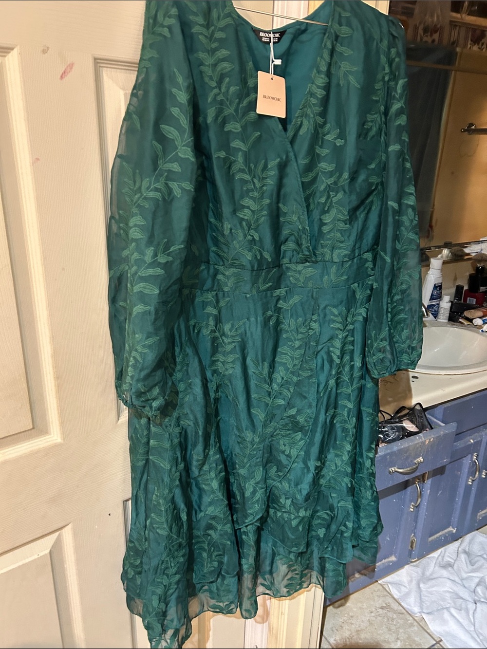 BloomChic Emerald Green Long Sleeve Floral Wrap Dress